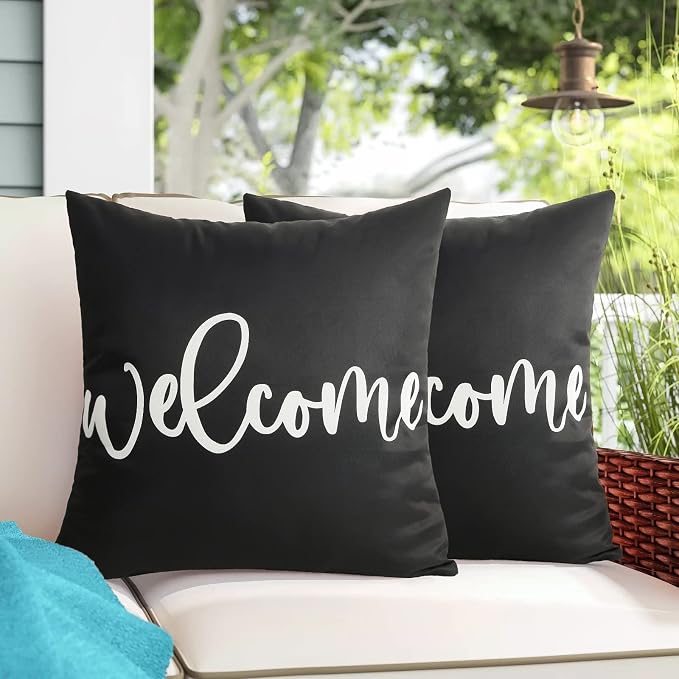 Merrycolor Set of 2 Black and White Outdoor Waterproof Pillow Covers 18x18 Welcome Throw Pillows Cover Decorative Outdoor Pillows for Patio Furniture
