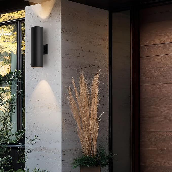 mirrea 18" Modern Outdoor Porch Light in 2 Lights, Matte Black, 2 Pack | Aluminum cylinder exterior fixtures, tempered glass cover, waterproof wall sconce & patio light for outdoor use.