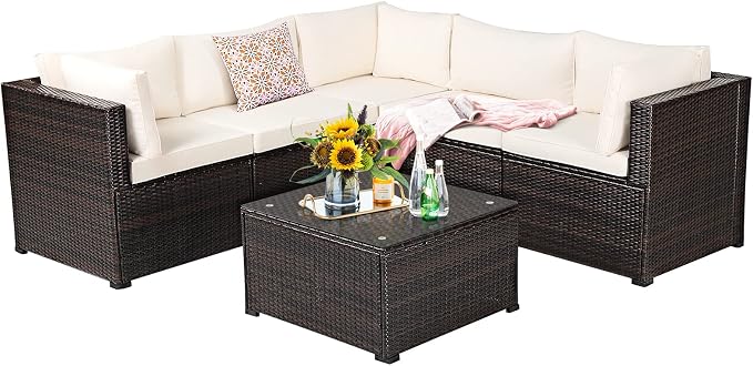 Tangkula 6 Pieces Patio Furniture Set, Outdoor Rattan Sofa Set, Wicker Conversation Set w/Tempered Glass Coffee Table & Cushions, Sectional Sofa Set for Backyard, Garden, Balcony, Poolside (Beige)
