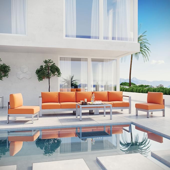 Modway Shore 6-Piece Aluminum Outdoor Patio Sectional Sofa Set in Silver Orange