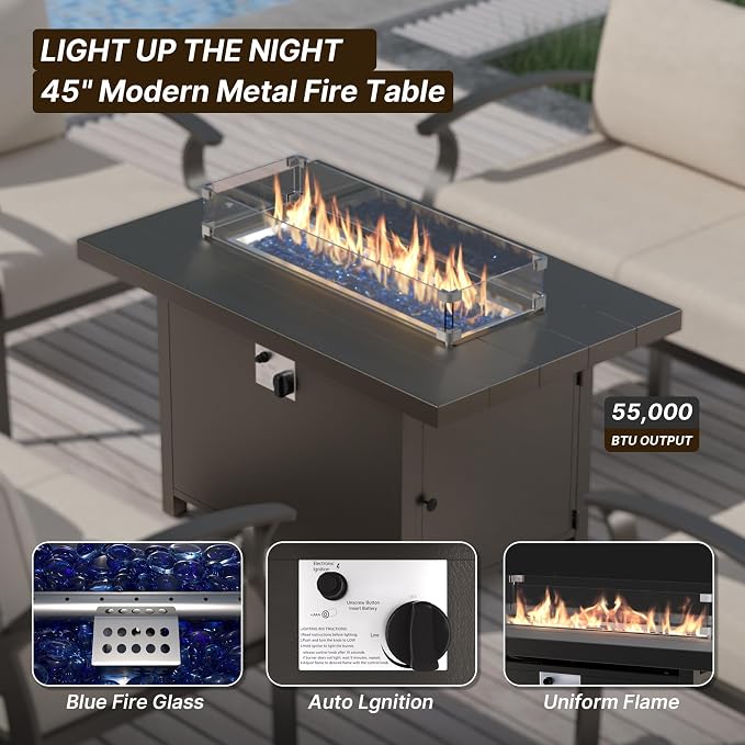 Gotland Outdoor Aluminum Patio Furniture Set with Fire Pit Table, 7 Pieces Metal Patio Furniture with 2 Swivel Rocking Chairs 11 Seats Waterproof 5.1'' Seat Cushions, for Garden Balcony Porch Khaki
