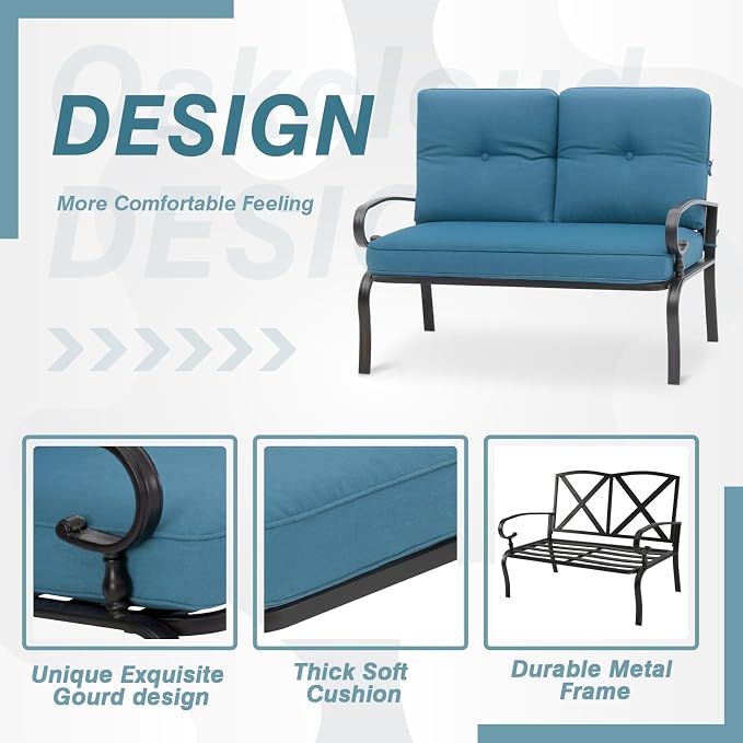 Oakcloud 8Pcs Metal Outdoor Furniture Patio Conversation Set (4 Spring Chairs, Loveseat, Bistro Table, 2 Coffee Tables) - Wrought Iron Patio Chair Set with Cushions (Blue)