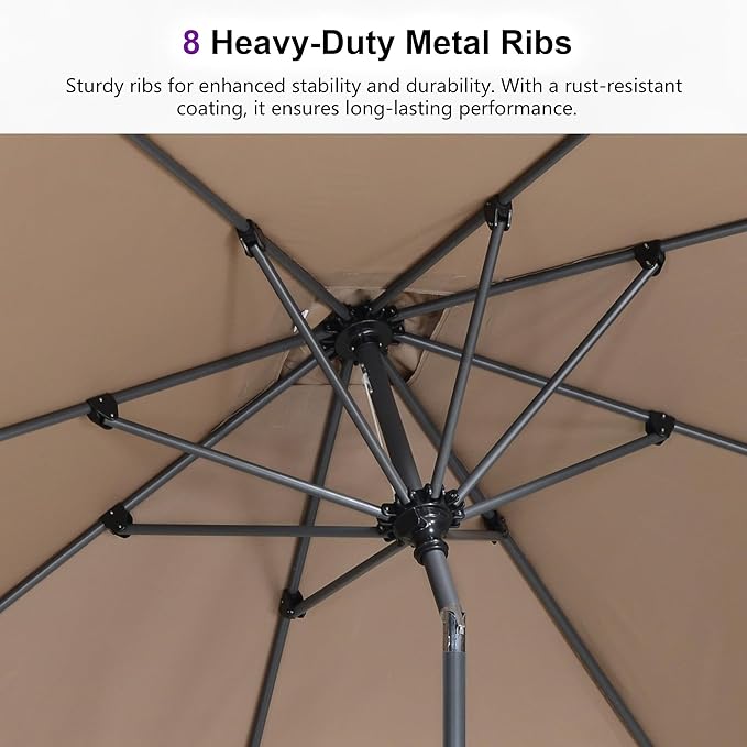 PURPLE LEAF 9' Round Patio Umbrella Outdoor Table Umbrella Aluminum Frame Market Umbrella Sun Umbrella with 8 Sturdy Ribs Tilt for Garden Deck Lawn Pool Taupe