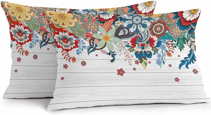 Boho Flowers Waterproof Outdoor Pillow Covers Set of 2 Home Decor, Bohemian Abstract Floral Vintage Wood Plank Pillowcase Patio Pillow Covers for Couch Bench Furniture Garden 20x12in