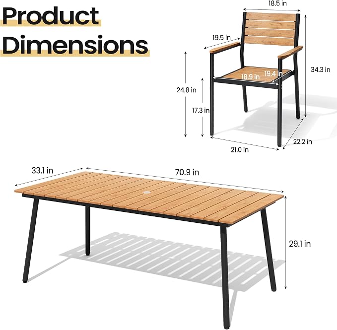 7-Piece Outdoor Dining Set for 6 Person with Teak Wood-Grain Top | Armrest Stackable Chairs with 19.4" Seat Depth, Aluminum Frame Dining Furniture with Umbrella Hole for Deck, Porch & Backyard