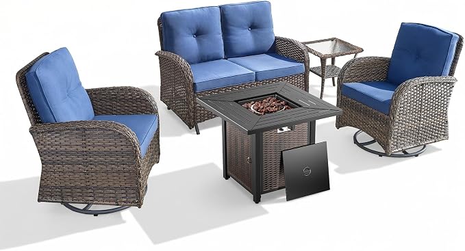 5 Piece Patio Furniture Set with Fire Pit Table - Wicker Patio Conversation Set with Swivel Glider, Glider Loveseat, Tempered Glass Side Table for Deck Backyard - Brown Wicker Blue Cushion