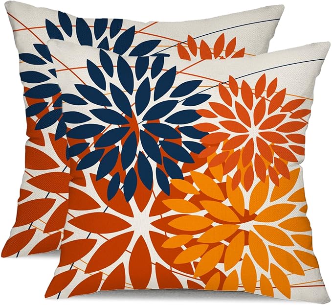 DFXSZ Pack of 2 Outdoor Waterproof Throw Pillow Covers 18x18 Blue Orange | Polyester Spring Summer Fall Floral Decorative Cushion Cases(NO INSERT),For Couch Patio Funiture Garden Home Decor