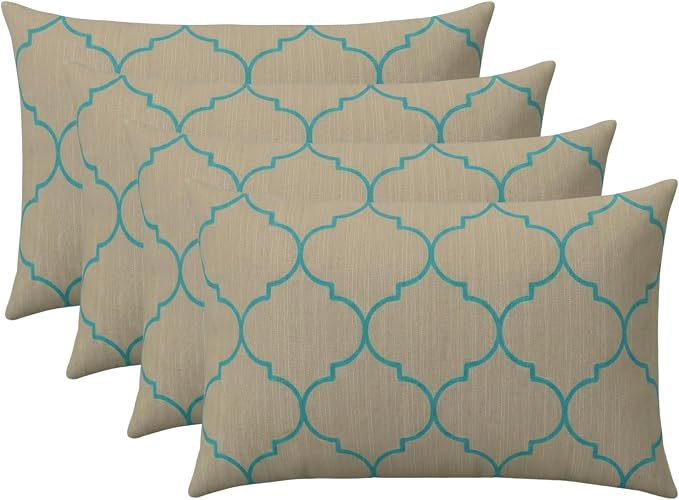 RSH DECOR: Sunbrella Lumbar Throw Pillows Set of 4 | 20" x 12" | Water and Fade-Resistant Performance Fabric | Outdoor Pillow Covers with Down-Alternative Inserts | Made in USA (Trellis Geo II Mist)
