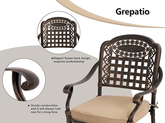 Grepatio 9 Piece Cast Aluminum Patio Furniture Set Outdoor Dining Set Bistro Furniture Set with 6&2 Swivel Chairs and Table with Umbrella Hole, 8 Cushions for Backyard Garden Poolside (Grid Khaki)