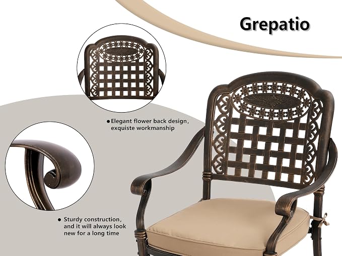 Grepatio 9 Piece Cast Aluminum Outdoor Dining Set, Patio Furniture Set with 2“ Umbrella Hole and 8 Chairs with Cushions, Patio Dining Furniture Set for Porch Poolside Garden (Khaki Grid)