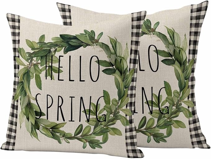 Hello Spring Outdoor Pillow Covers Pack of 2 Green Leaf Plant Black Plaid Vintage Linen Texture Waterproof Throw Pillow Covers Decorative Cushion Cases for Patio Garden Tent Balcony Couch 26x26 inch