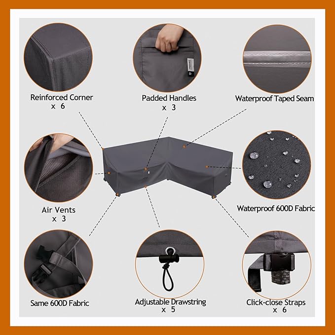 Heavy Duty Outdoor Sectional Sofa Cover, 100"x100" Waterproof 600D Patio Sectional Couch Protector, Lawn Patio Furniture Covers (Storm Gray,V-Shaped-100 x100)