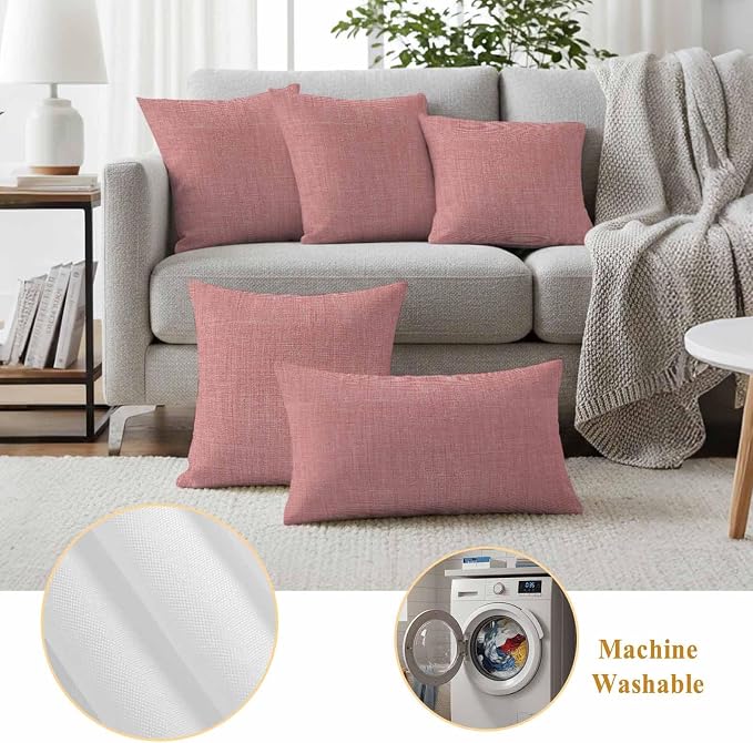 Outdoor Waterproof Throw Pillow Covers Set of 2 Peach Pink Linen Pillowcases 26x26 Inches Farmhouse Pure Color Decorative Pillows Cushion Case Patio Pillows for Couch Bed Chair Garden