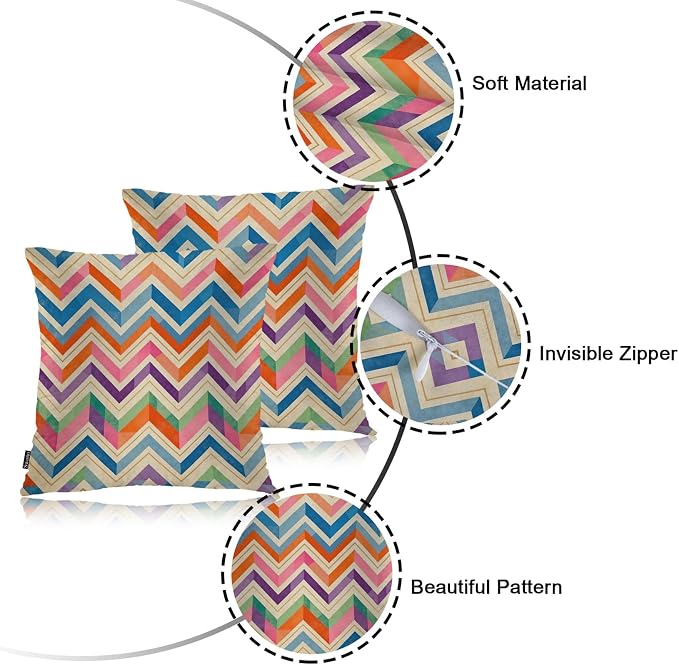 Swono Chevron Stripes Set of 2 Square 18x18 Inch Throw Pillow Cover Rainbow Zig Zag Herringbone Waves Soft Pillowcases Pillow Cushion Covers for Home Sofa Couch Bench Living Room Car Decoration