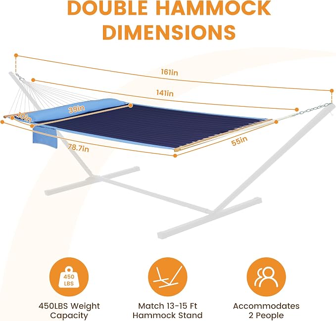 Lazy Daze Hammocks 2 Person Double Quilted Hammock with Spreader Bar, Detachable Pillow & Side Pocket, 450lbs Capacity for Patio Yard Garden Outdoor, Blue