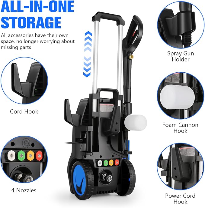 Heavy Duty 5000PSI 4.0GPM Electric Pressure Washer with 33FT Hose, 4 QC Nozzles for Cars/Fences/Patios/Home Cleaning, Deep Blue