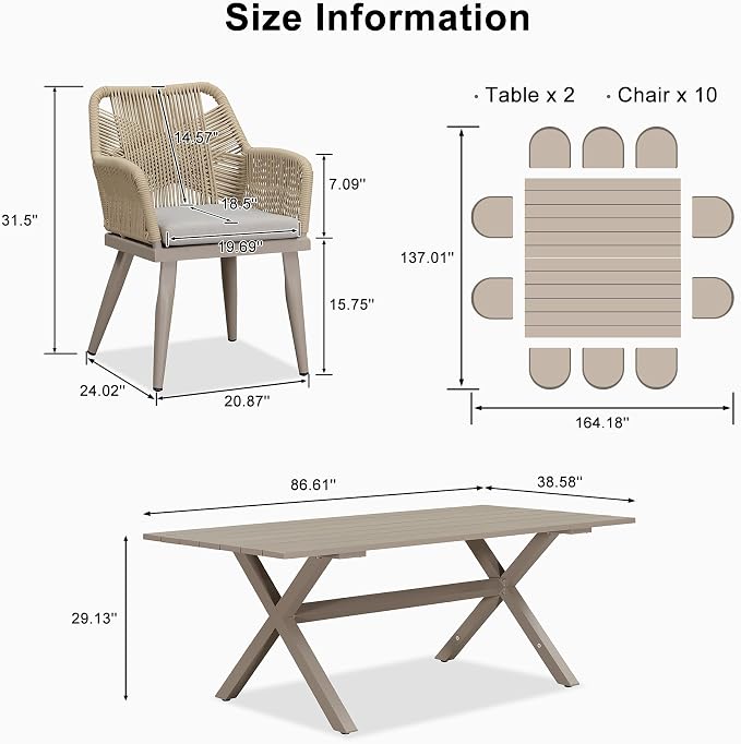 PURPLE LEAF 12 Pieces Outdoor Patio Dining Sets All-Weather PE Rattan Furniture Set with All Aluminum Frame Outdoor Table and Chairs Set for 10 People Lawn Garden Backyard Deck, Champagne