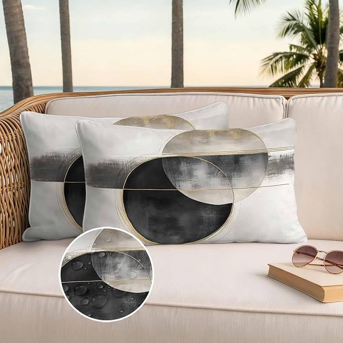 Abstract Art Outdoor Waterproof Throw Pillow Covers Set of 2, 20"x12", Mottled Geometric Moon Black Gold Circle Striped Decorative Pillow Covers Outside Cushion Case for Patio Porch Garden