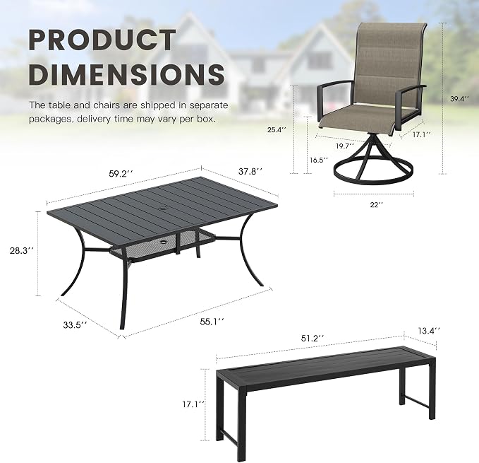 6 Pieces Outdoor Dining Set, Patio Table and Chairs Set with 51" Garden Bench for 6-7 People, 59.2" Outdoor Dining Table and Padded Swivel Patio Chairs for Deck Backyard, Mixed Brown and Black