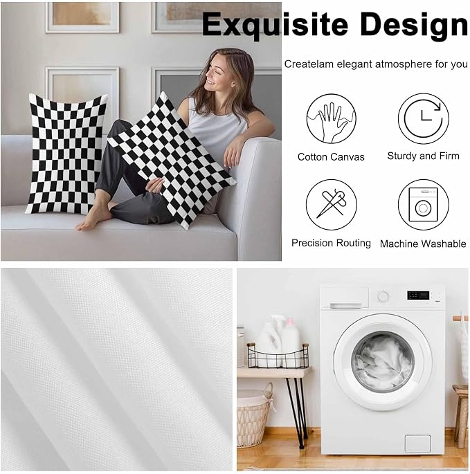 Lumbar Pillow Covers 20x12 Inch Set of 2, Simple Black White Checkered Waterproof Outdoor Cushion Covers, Lattice Buffalo Plaid Decorative Pillowcases for Couch, Sofa, Bed, Garden, Patio