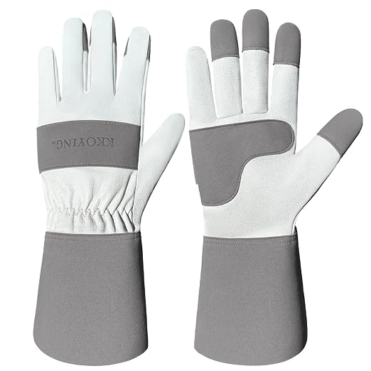 Gardening Gloves, Long Thorn Proof Garden Gloves for Women and Men, Goatskin Breathable Leather Work Gloves for Gardening, Pruning, Yard Work, Grey, M