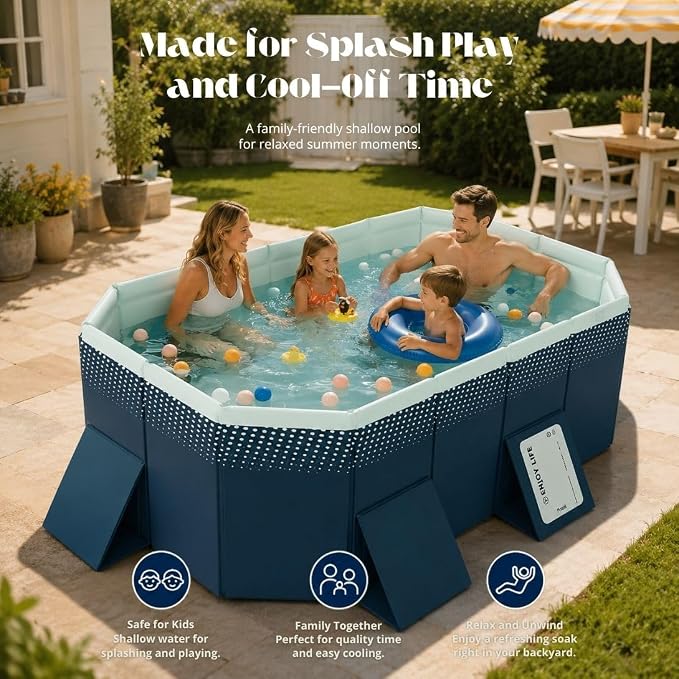 Large Foldable Pool, Non Inflatable Pool with 4-Layer Composite PVC, Sturdy Triangular Support Boards, Double Drains, Foldable Outdoor Pool for Backyard Kids & Adults, 5 Sizes