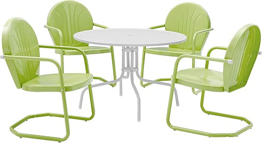 Crosley Furniture Griffith 5-Piece Outdoor Dining Set for 4, Retro Metal Round Patio Table and Chairs, White and Key Lime