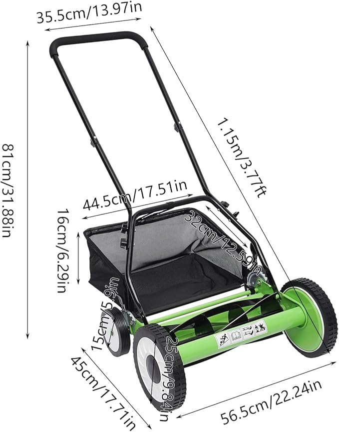 Garden Manual Hand Push Grass Cutter,16in Lawn Mower Lawn Cutter Grass Catcher 5-Blade, Adjustable Cutting with Grass Catcher