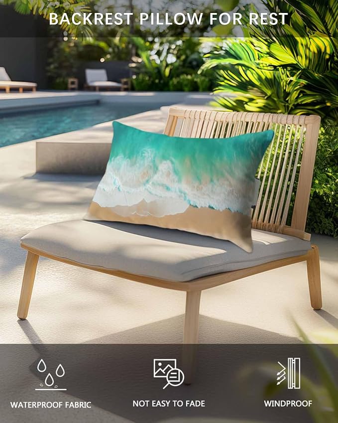 Outdoor Lumbar Cushions with Inserts, Beautiful Green Beach Sea Patterns Waterproof Fluffy Fade Body Pillows, Patio Furniture Pillow for Home Balcony Garden Decor 11x16IN