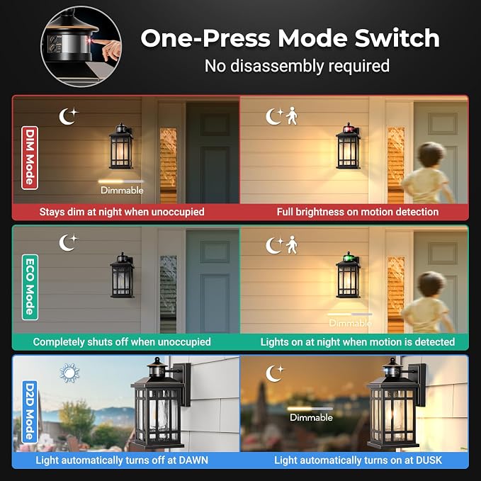 Motion Sensor Outdoor Lights, Black Dusk to Dawn Outdoor Lighting with Tempered Glass, Aluminum Waterproof Anti-Rust Outside Wall Light Fixtures, Adjustable Sensitivity & Brightness, Hardwired
