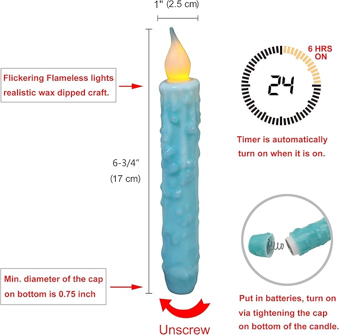 CVHOMEDECO. Real Wax Hand Dipped Battery Operated LED Timer Taper Candles Rustic Primitive Flameless Lights Decor, 6-3/4 Inch, Teal, 3 PCS in a Package
