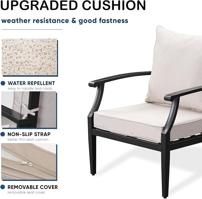4 Piece Outdoor Patio Furniture Set, Oversized Metal Conversation Set with High Back & Deep Seating, Water-Repellent Cushions, Coffee Table for Porch, Deck, Backyard, Beige