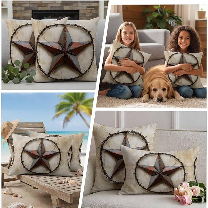 Texas Star Vintage Waterproof Outdoor Pillow Covers Set of 2 Home Decor, Abstract Country Stars Modern Pillowcase Patio Pillow Covers for Couch Bench Furniture Garden 18x18in