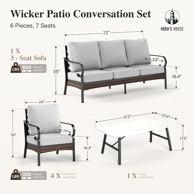 HERA'S HOUSE 6 Piece Metal Patio Furniture Set, All Weather Outdoor Conversation Set with 3-Seat Sofa, 4 Fixed Chairs & Coffee Table, 7 Seats for Backyard, Garden, Deck, Light Grey