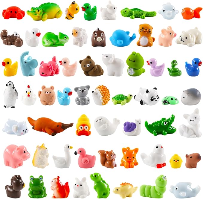 Prudiut 60 Pcs Mini Resin Animal Figures 60 Styles for Fairy Garden Decor | Tiny Resin Animal to Hide Assorted Little Animals Figures for Desk Pets Decor Miniature Landscape Dollhouse Accessories
