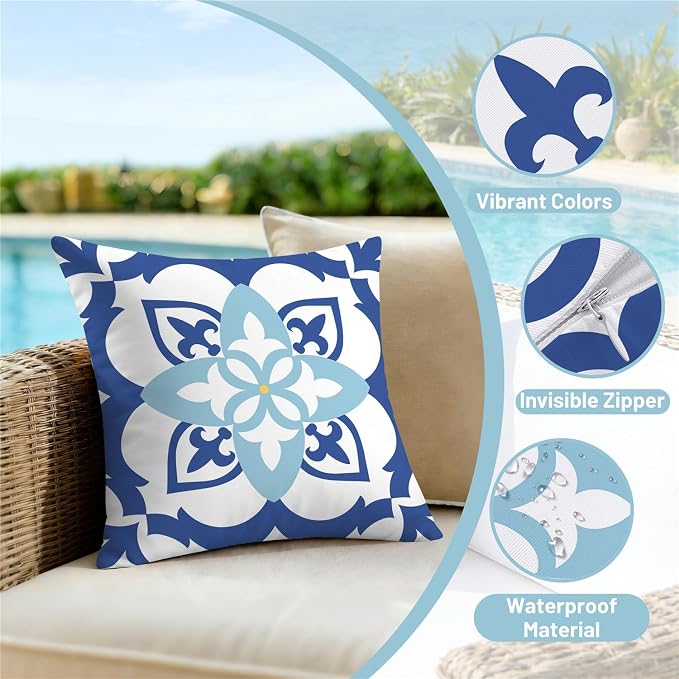 NIGHTWISH Outdoor Waterproof Pillow Covers 16x16 Set of 4 Blue Boho Decorative Outdoor Throw Pillows Floral Cushion Cases for Patio Furniture Bench Couch Sunbrella