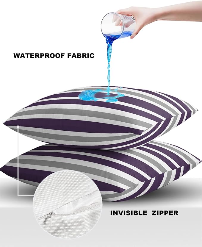 Outdoor Waterproof Throw Pillow Covers Set of 2 Grey Purple Stripes Decorative Outdoor Pillows Cushion Case 24x24 Inch Classic Striped Patio Pillows for Couch Sofa Bed Garden Office Home Decor