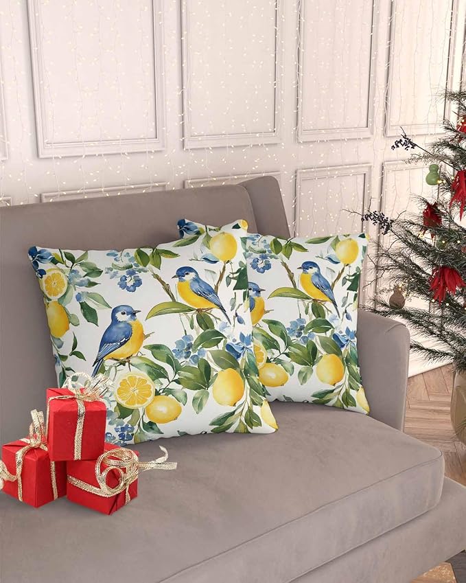 Outdoor Throw Pillow Covers Waterproof Pillow Cases 24x24In, Watercolor Lemon Bird Decorative Pillow Covers Cushion Cases for Couch Sofa Patio Garden,2 Pack Vintage Spring Blue Flower Foliage