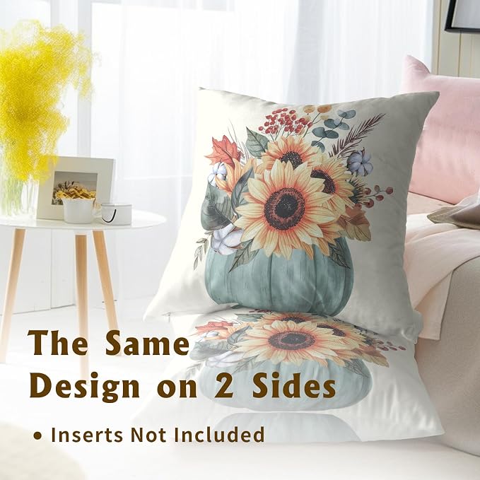 Fall Sunflower Pillow Cover Set of 2, 22x22 Inch Autumn Pumpkin Floral Leaves Harvest Seasonal Farmhouse Sofa Couch Cushion Case for Porch Patio Outdoor Indoor Home Decor