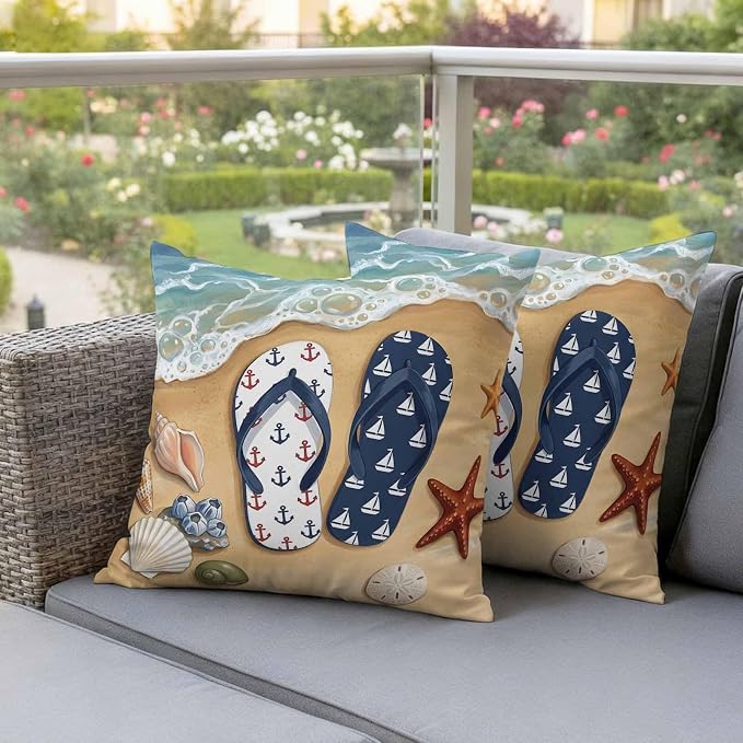 Blue Beige Seaside Outdoor Waterproof Throw Pillow Covers 26x26 Set of 2, Coastal Waves Starfish Summer Beach Nautical Decorative Pillowcases Cushion Pillowcase for Couch Sofa Patio Pillow Protector