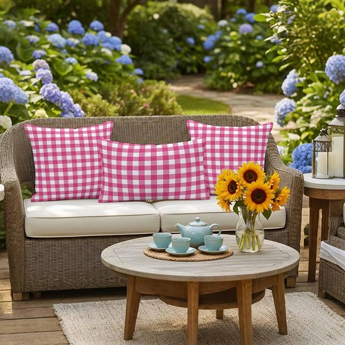 Hot Pink Checks Outdoor Pillow Covers 26"x26" Set of 2, Gingham Plaid Abstract Modern Minimalist Waterproof Throw Pillow Covers for Patio Furniture, Decorative Cushion Covers for Porch
