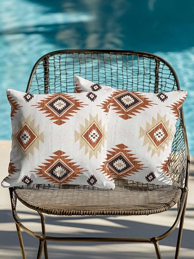Waterproof Outdoor Pillow Set of 2 Orange Boho Aztec Decorative Throw Pillows Cover & Insert 16x16 Inch Pillowcase Southwest Tribal Style Pillows for Couch Sofa Bed Patio Furniture Indoor Outdoor