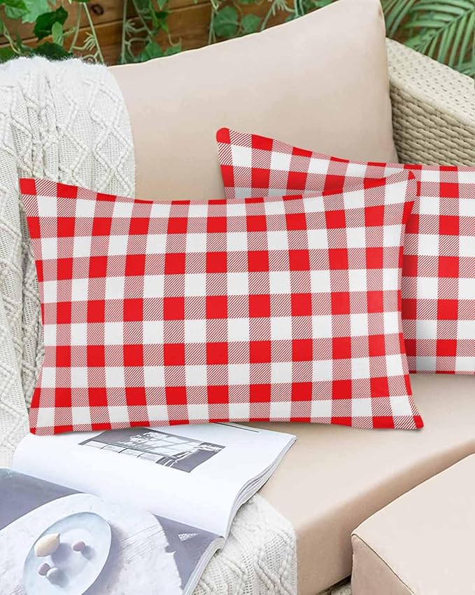Outdoor Waterproof Throw Pillow Covers Set of 2 Red White Buffalo Plaid Lumbar Pillowcases 20x12 Inches Pastoral Checked Decorative Pillows Cushion Case Patio Pillows for Couch Bed Chair Garden