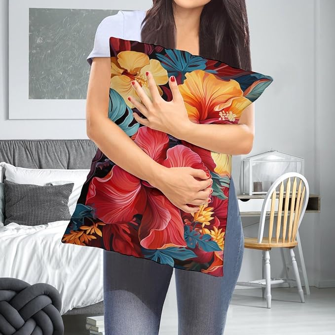 Outdoor Pillows for Patio Furniture Tropical Flower Printed with Colorful Leaves Cushion Case Hawaiian Flower Queen Pillowcase Pillowcase Queen Zippered for Sofa/Couch/Porch 12 "x20