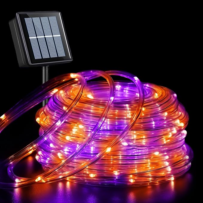 QITONG Orange and Purple Solar Halloween Lights, 66ft 200 LED Solar Rope Lights Outdoor Waterproof, 8 Modes Clear PVC Tube Light Outdoor Waterproof