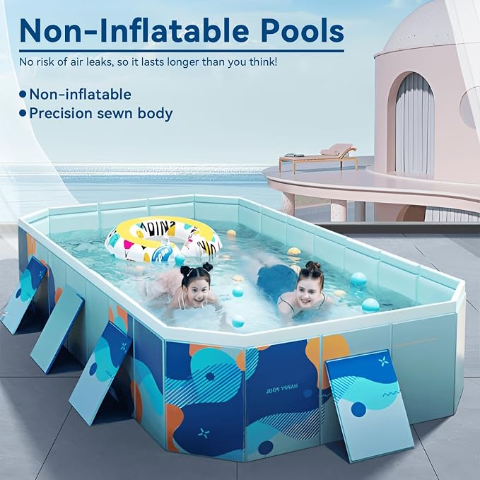 Foldable Swimming Pool, Rectangular Above Ground Swimming Pool for Outdoor Family Square Pool with Drain Plug and Drain Hole, Easy to Assemble Pool for Kids, Pets and Dogs(116" L x 65" W)