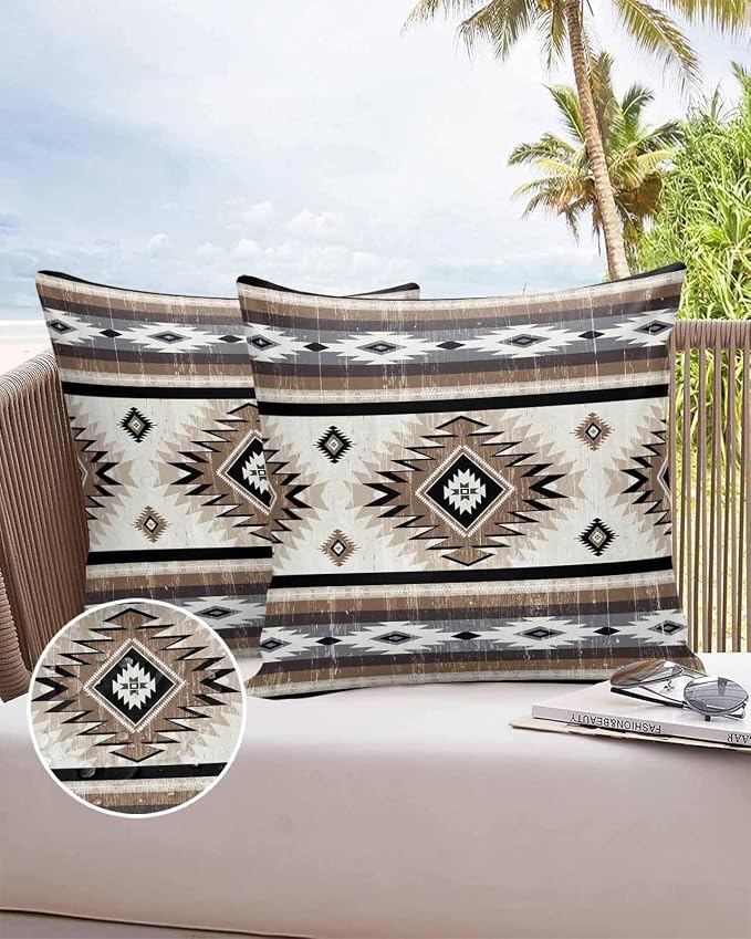 Outdoor Waterproof Throw Pillow Covers Set of 2 Brown Grey Boho Aztec Pillowcases 20x20 Inches Southwest Tribal Geometric Patio Decorative Pillows Cushion Case Patio Pillows for Couch Bed Chair Garden