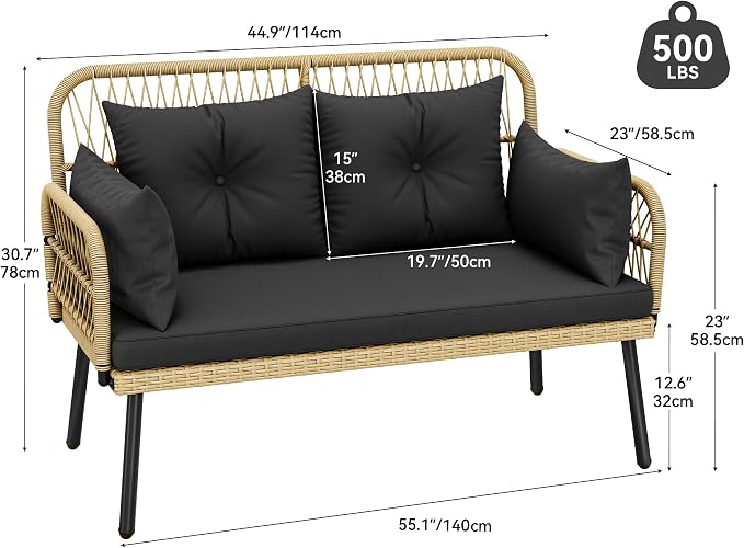 YITAHOME Patio Furniture Wicker Outdoor Loveseat, All-Weather Rattan Conversation for Backyard, Balcony and Deck with Soft Cushions (Light Brown+Black)