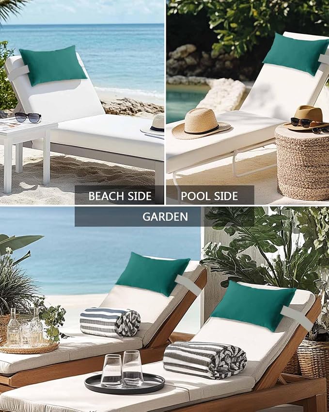 Outdoor Pillow for Lounge Chair with Strap & Insert Green Recliner Head Pillow Solid Green Color Waterproof Headrest Patio Lumbar Pillows for Beach Pool Office Chaise Chair 12x20 Inch