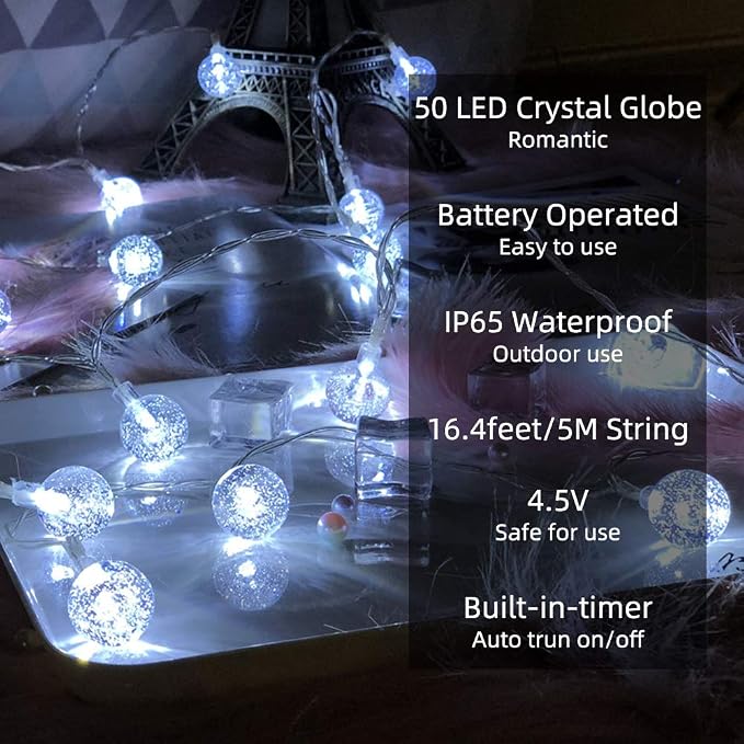 Metaku Cool White Globe String Lights Fairy Light 16ft 50LED & Remote | Battery Operated Indoor Outdoor Hanging String Lights Christmas Lights for Home Party Patio Garden Classroom Wedding